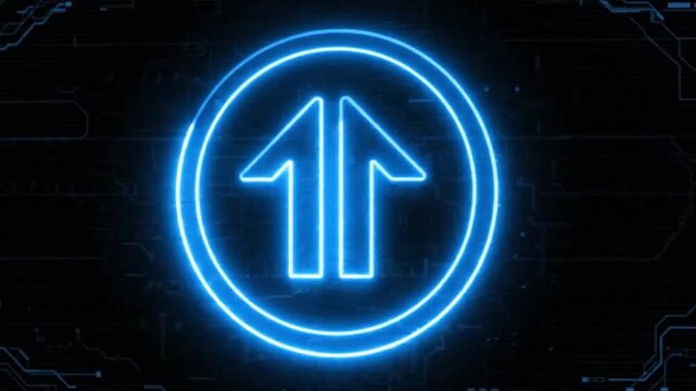 Glowing neon blue double arrow icon inside a circle on a dark digital circuit board background