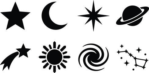 Space and astronomy black vector icon set featuring star moon planet sun constellation and spiral galaxy elements © MstEsmotara