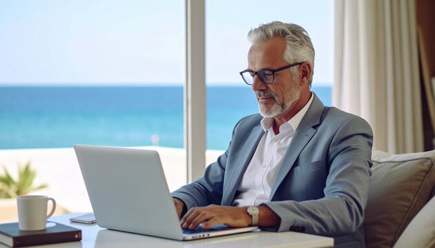 a fifty man with short white hair in a grey blazer and white shirt sitting and  smart working at the desk in the office with a large window on a tropical beach
