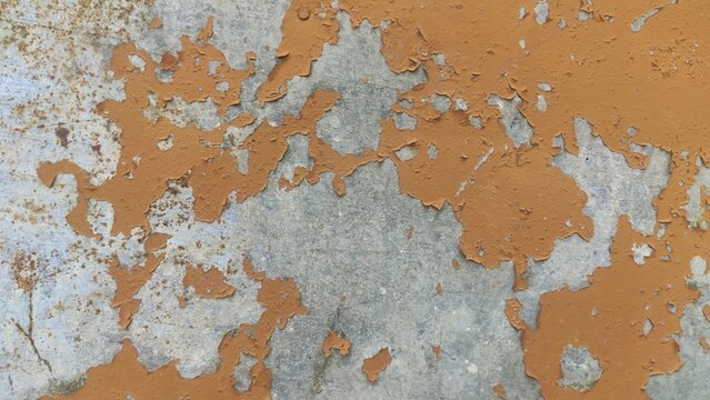 Extensive Orange Flaking destroying the protective paint on a galvanized metal sheet. Ideal for severe structural decay warnings, abandoned urban photography, and extreme textures.