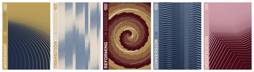 Minimalist kinetic halftone artwork visual transformation and dynamic motion ornament with transition effect, Abstract vector poster set with linear gradients and geometric distortion patterns © max_776