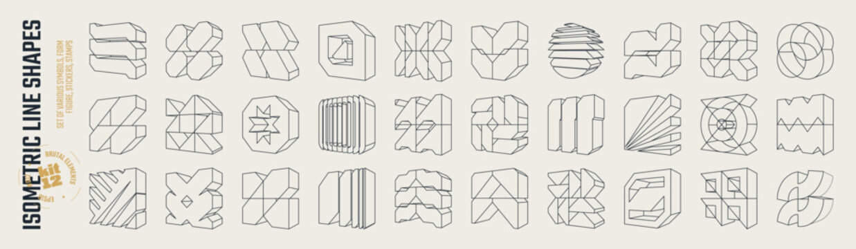 Isometric line brutal 3D shapes, Brutalism volumetric carcass various form, Postmodern abstract geometric graphic frame elements, trendy cyber design symbols in futuristic aesthetics, vector set 12