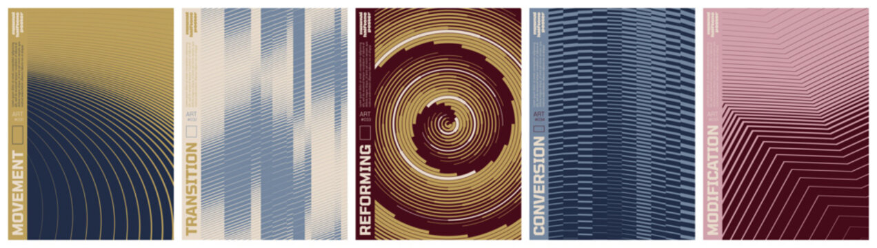 Minimalist kinetic halftone artwork visual transformation and dynamic motion ornament with transition effect, Abstract vector poster set with linear gradients and geometric distortion patterns