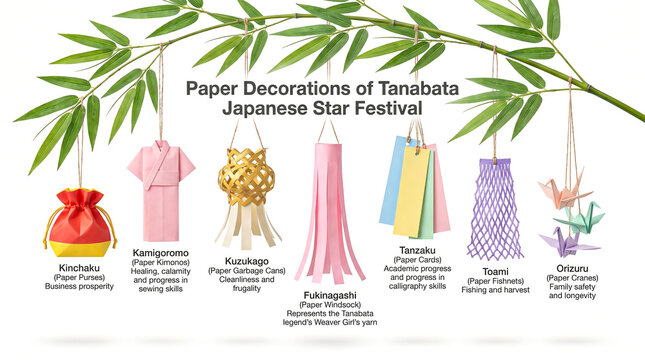 Tanabata Japanese Star Festival paper decorations, traditional origami ornaments hanging on bamboo branch, colorful tanzaku and fukinagashi set