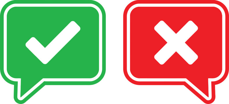 Green check mark and red cross icons in speech bubble shapes for correct and incorrect selection