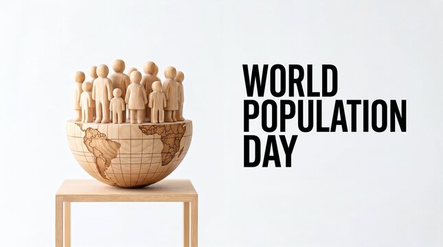 World Population Day concept with wooden people figures on globe, global community and demographics banner, wooden earth sphere on white background