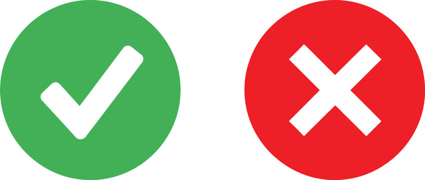 Green check mark and red cross sign icon set for survey choice and correct or wrong selection