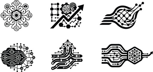 Fototapeta premium Abstract artificial intelligence concepts with circuit boards, data streams, and network nodes.