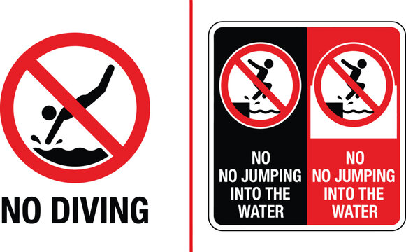 No Diving Sign and No Jumping into Water Warning Symbol Set. Prohibition Safety Icons with Red and Black Design Isolated on White Background Vector Illustration