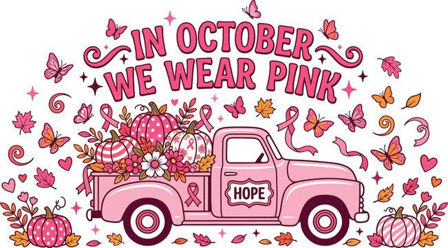 Breast cancer awareness halloween illustration pink truck with pumpkins ribbons for october campaigns