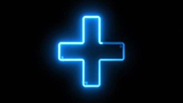 Glowing neon blue plus sign isolated on black background