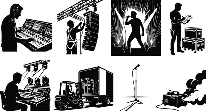 Black and white vector icon set of concert stage crew and event production equipment