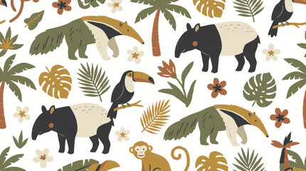 Naklejka premium An isometric illustration of tapirs, toucans, and monkeys in a tropical jungle with green leaves and brown flowers on white background