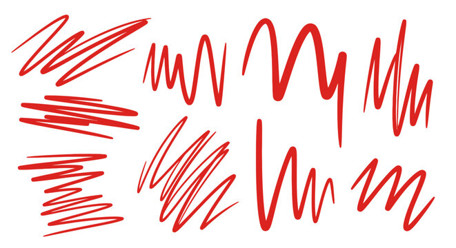 Set of hand drawn red ink scribble marks and doodle lines on white background.