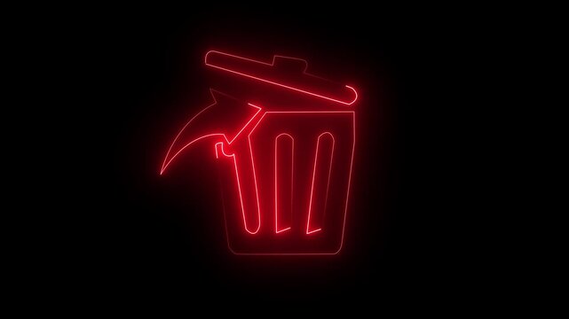Trash can symbol rendered in a striking red neon glow appears on a pitch-black background, illustrating the concept of deleting items, removing errors, or discarding unwanted files within software.
