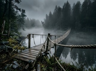 Fototapeta premium Misty suspension bridge over a serene forest lake