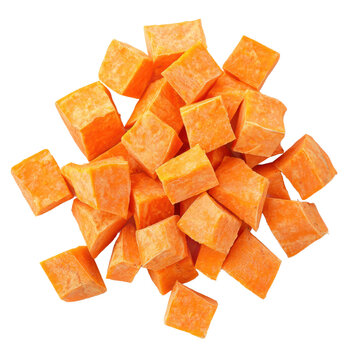 Cubed Sweet Potato Diced pieces of sweet potato, perfect for cooking, with clean edges and a soft, firm texture. full length isolate on transparent background