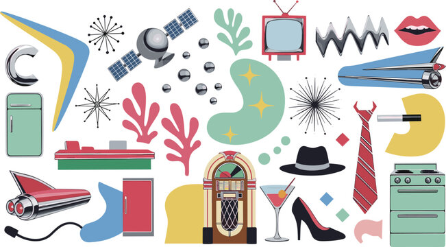Retro Mid Century Atomic Age Vector Icon Set with Jukebox, Satellite, Television, Cocktail, and 1950s Style Elements