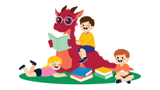 Group of happy children reading books together with a friendly red dragon