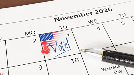 US midterm elections will take place on November 3, 2026. A calendar with a US flag, a thumbtack / pin and the text "Vote!" at the 3th of November. A pen lying on the calendar sheet. Web banner format © Andreas Prott
