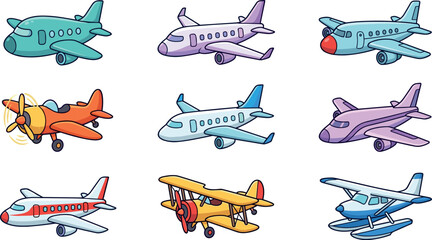 Airplane Vector Icon Set Featuring Isolated Cartoon Planes, Jet Airliners, Biplanes, and Seaplanes for Travel, Aviation, and Children Educational Graphic Designs © mdtaleb