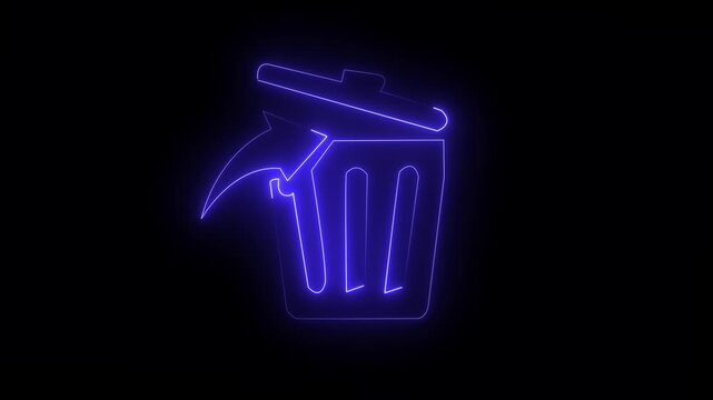 Trash can outline glows in a vibrant violet neon light against a dark backdrop, symbolizing the digital removal of files, discarded data, or the permanent deletion of unused information from computer.