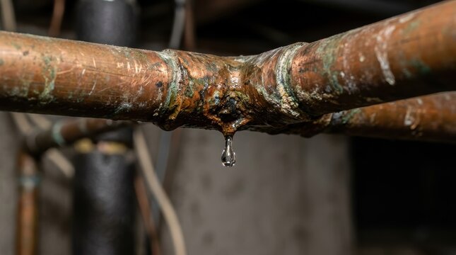 A close-up shows a leaking copper pipe with a water droplet forming at the tip, ready to fall. The scene highlights corrosion and wear damage, indicating the need for pipe repair or replacement.