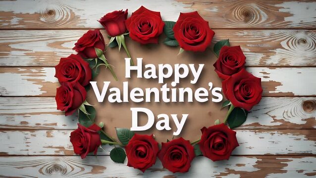 Romantic Valentine's Day greeting message superimposed atop a border of deep crimson roses arranged on a distressed white wooden panel