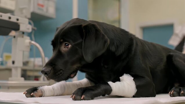 A veterinary medical scenario involving a canine patient of the Labrador breed experiencing trauma and receiving orthopedic care for a fractured limb in a clinical setting