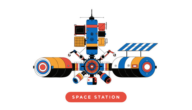 Very beautiful realistic vector illustration of a SPACE STATION featuring detailed orbital modules and engineering styling, isolated on white background, with a label reading "SPACE STATION" displayed