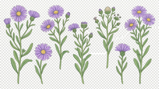 Sea aster flowers and stems collection