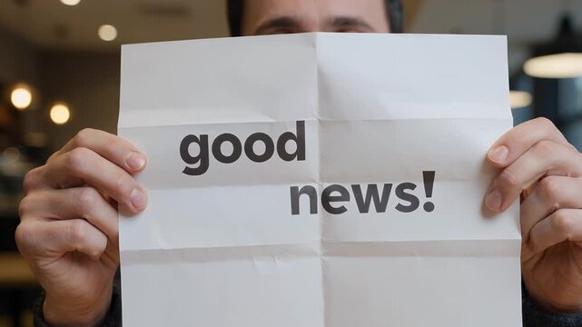 Good news, man and paper sign with positive message, announcement and success. Person, holding note and communication with information, achievement and update for business marketing or social media