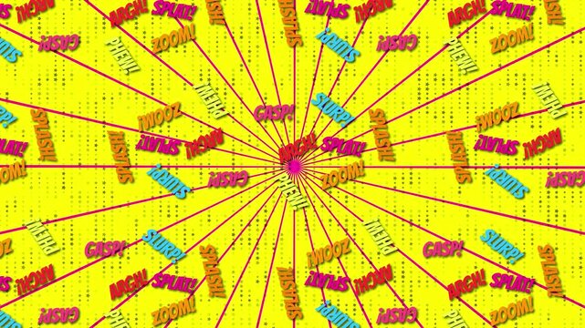 Vibrant Flat Lay Comic Book Style Background Loop Featuring A Bright Yellow Radial Sunburst Pattern With Pink Lines, Halftone Star Textures, And Colorful Action Words Like Splat And Zoom Rotating In