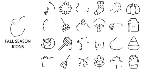 Obraz premium Fall Season simple Technical Drawing concept 24 Black and White color icons set .Vector illustration.