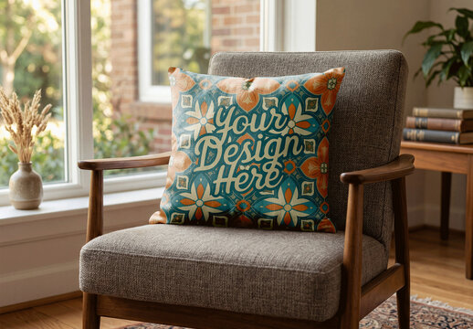 Square Pillow Mockup In Modern Armchair