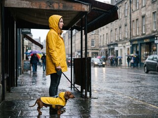 Fototapeta premium Side profile of owner and dachshund dog wearing matching yellow raincoats.