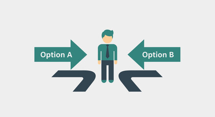 Business person standing at a crossroads deciding between two different options A and B. © Umi
