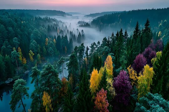 Aerial view of an autumn forest with fog