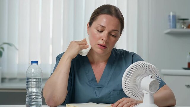 Heatwave at work, nurse and feeling hot in office with electric fan, water bottle and sweating. Medical professional, tired woman and global warming in hospital with cooling, fever, stress and air