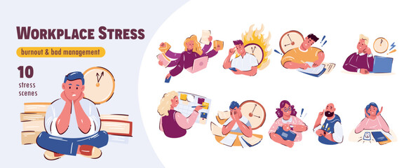 Fototapeta premium Workplace Stress character set with tired employees, clocks, papers, laptop, burnout fire and deadline scenes. Office overload with Workplace Stress, flat cartoon vector illustration.