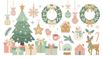 Fototapeta premium Set of Cute Christmas Illustrations Featuring Festive Holiday Trees Wreaths Snowmen and Wrapped Presents in Pastel Colors