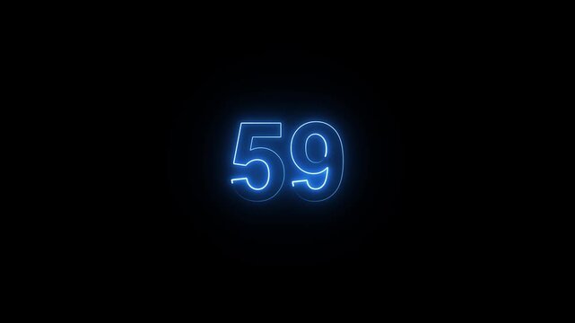 Animation of glowing neon cyan color number text animation . cyan , neon number 59 .neon color, neon lighting,59 percentage discount animated- 4k black background animation video
