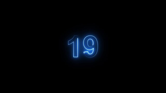Animation of glowing neon cyan color number text animation . cyan , neon number 19 .neon color, neon lighting,19 percentage discount animated- 4k black background animation video