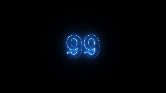 Animation of glowing neon cyan color number text animation . cyan , neon number 99 .neon color, neon lighting,99 percentage discount animated- 4k black background animation video