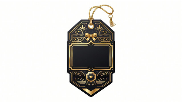 Elegant luxury black and gold gift tag template with ornate vintage art deco frame patterns and golden tassel string