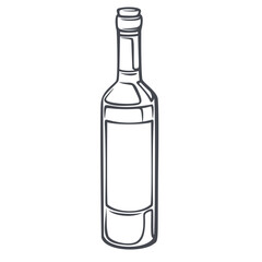 Fototapeta premium Wine Bottle with tall neck, cork top, blank label and bold ink contour. Italian restaurant menu and winery branding with wine bottle, outline vector illustration.