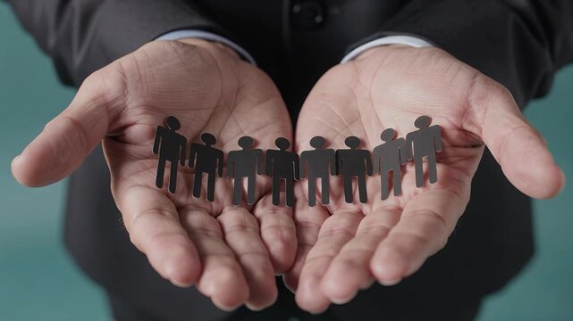 Human resources, businessman and leadership with paper people in hands for recruitment. Management, hiring and talent acquisition with employee group, career growth and staff selection success tool