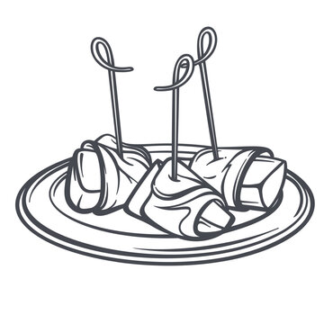 Antipasto Plate with cheese cubes, rolled ham, skewers and appetizer bites. Italian menu and catering branding with antipasto plate, outline vector illustration.