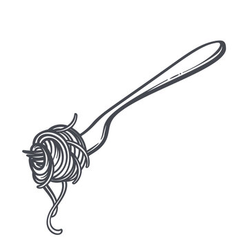 Pasta on Fork with spaghetti strands twisted around utensil and hanging noodle ends. Italian menu and pasta on fork branding, outline vector illustration.