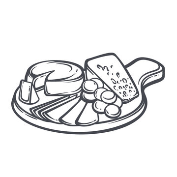 Italian Cheese Board with assorted wedges, round cheese, grapes and wooden paddle. Restaurant menu and packaging with cheese board, outline vector illustration.